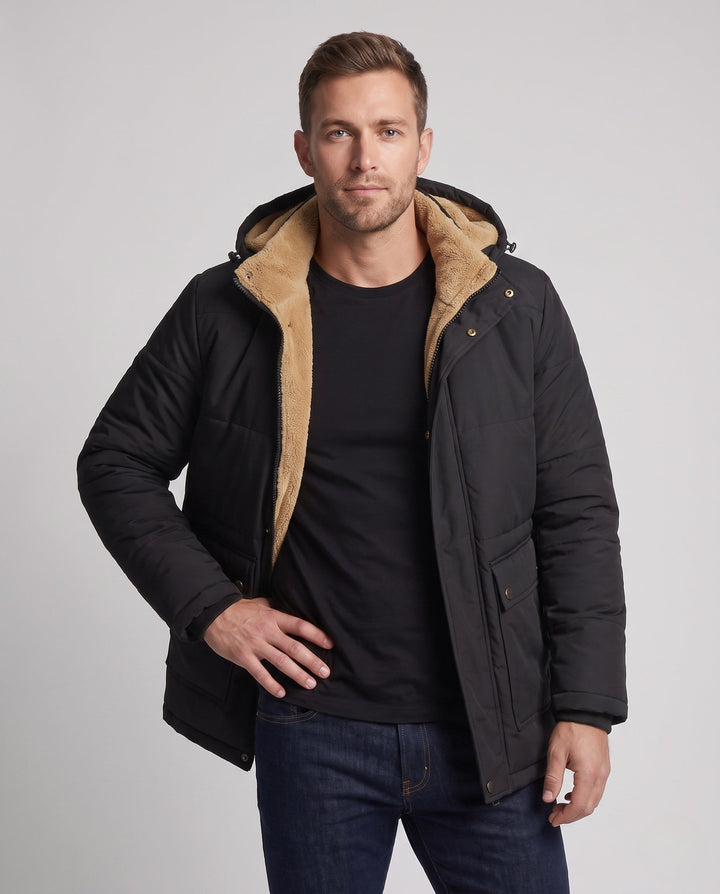 Men's hooded parka with all-over teddy fleece lining and thermal insulation Hudson & Parker
