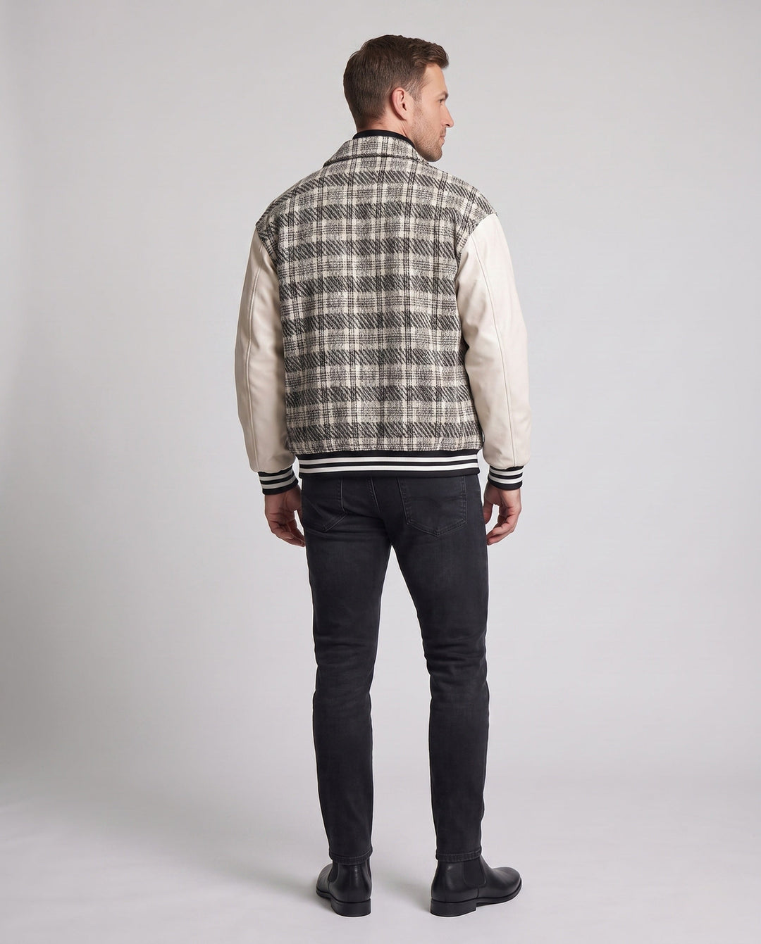 Men's Checkered Blend College Jacket with Faux Leather Sleeves and Ribbed Cuffs Hudson & Parker
