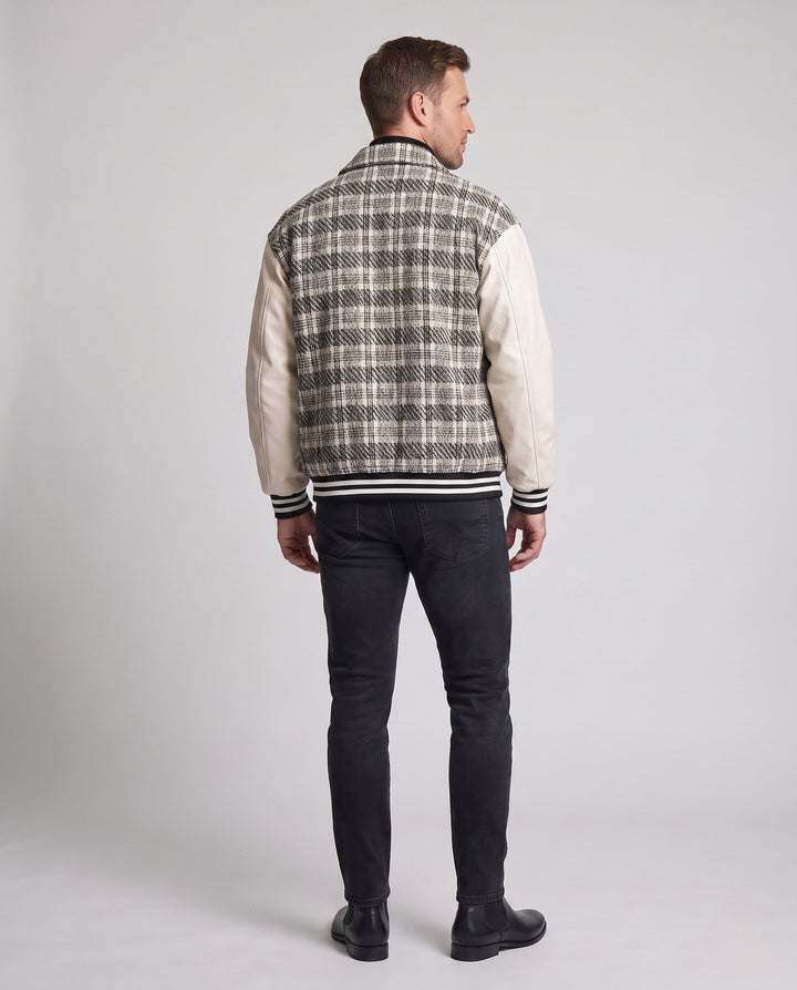 Men's Checkered Blend College Jacket with Faux Leather Sleeves and Ribbed Cuffs Hudson & Parker