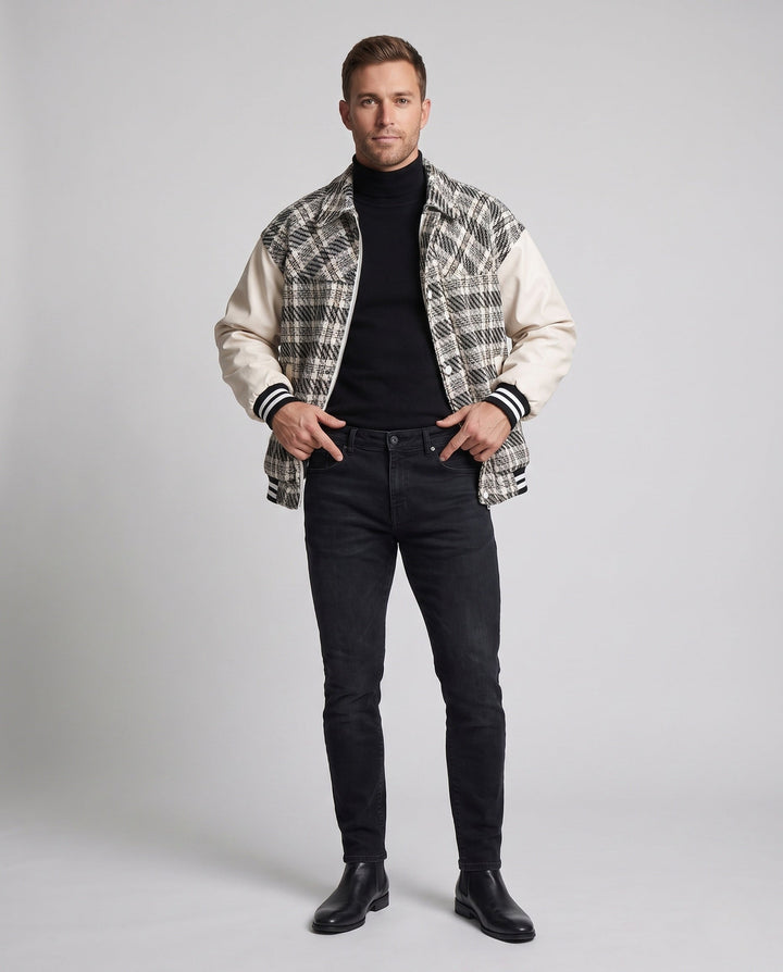 Men's Checkered Blend College Jacket with Faux Leather Sleeves and Ribbed Cuffs Hudson & Parker