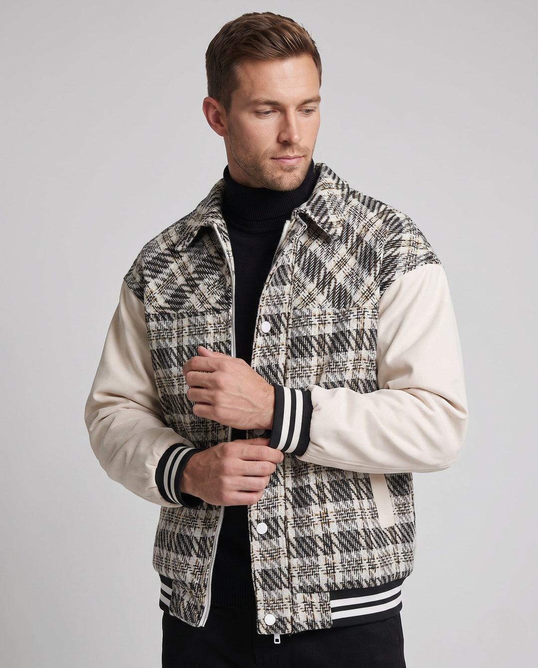 Men's Checkered Blend College Jacket with Faux Leather Sleeves and Ribbed Cuffs Hudson & Parker