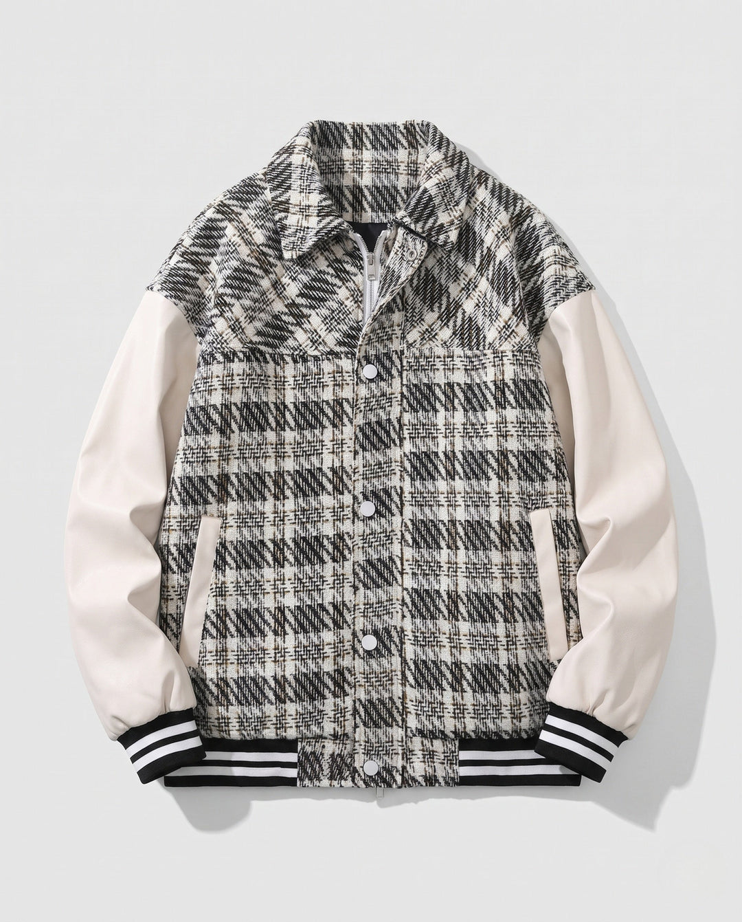 Men's Checkered Blend College Jacket with Faux Leather Sleeves and Ribbed Cuffs Hudson & Parker
