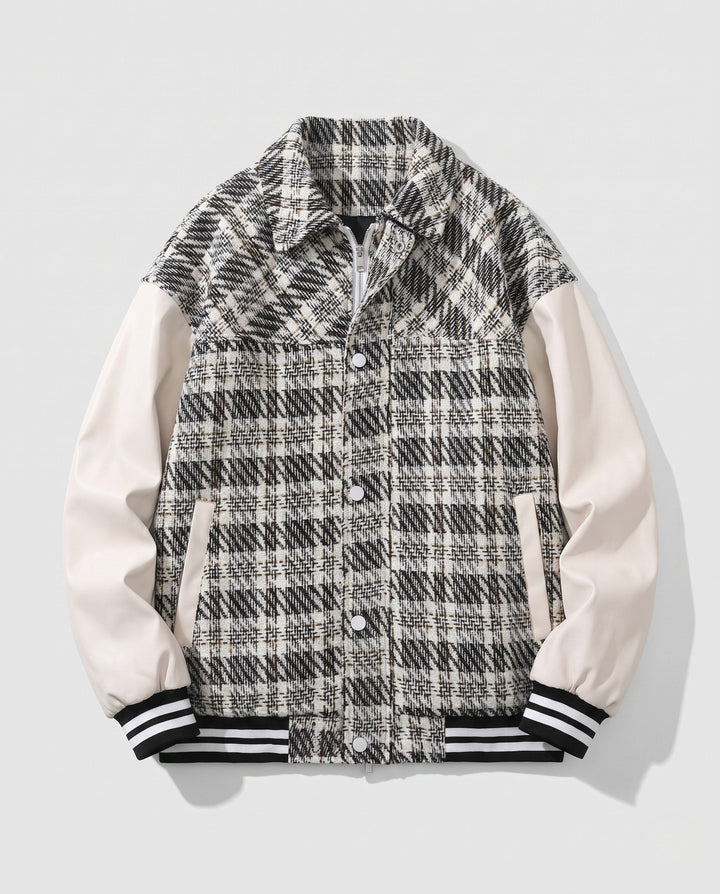 Men's Checkered Blend College Jacket with Faux Leather Sleeves and Ribbed Cuffs Hudson & Parker