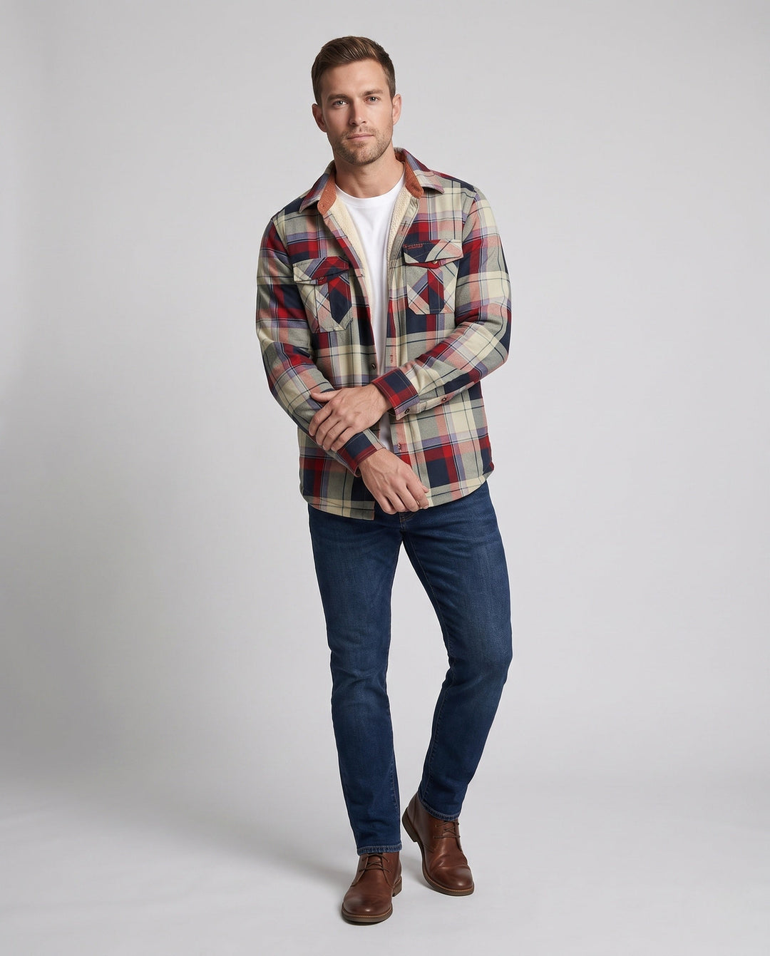 Men's Checkered Overshirt Jacket with Warm Teddy Lining and Flap Pockets Hudson & Parker