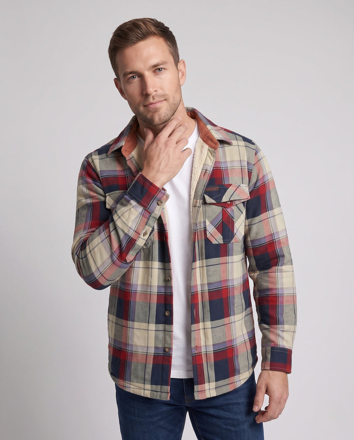 Men's Checkered Overshirt Jacket with Warm Teddy Lining and Flap Pockets Hudson & Parker