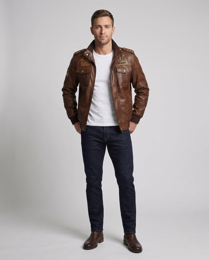 Men's synthetic leather pilot jacket with warming teddy lining and shoulder epaulettes Hudson & Parker