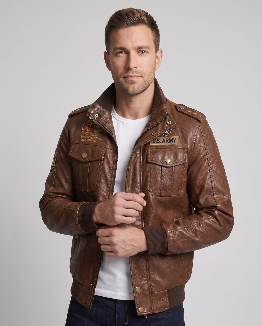 Men's synthetic leather pilot jacket with warming teddy lining and shoulder epaulettes Hudson & Parker