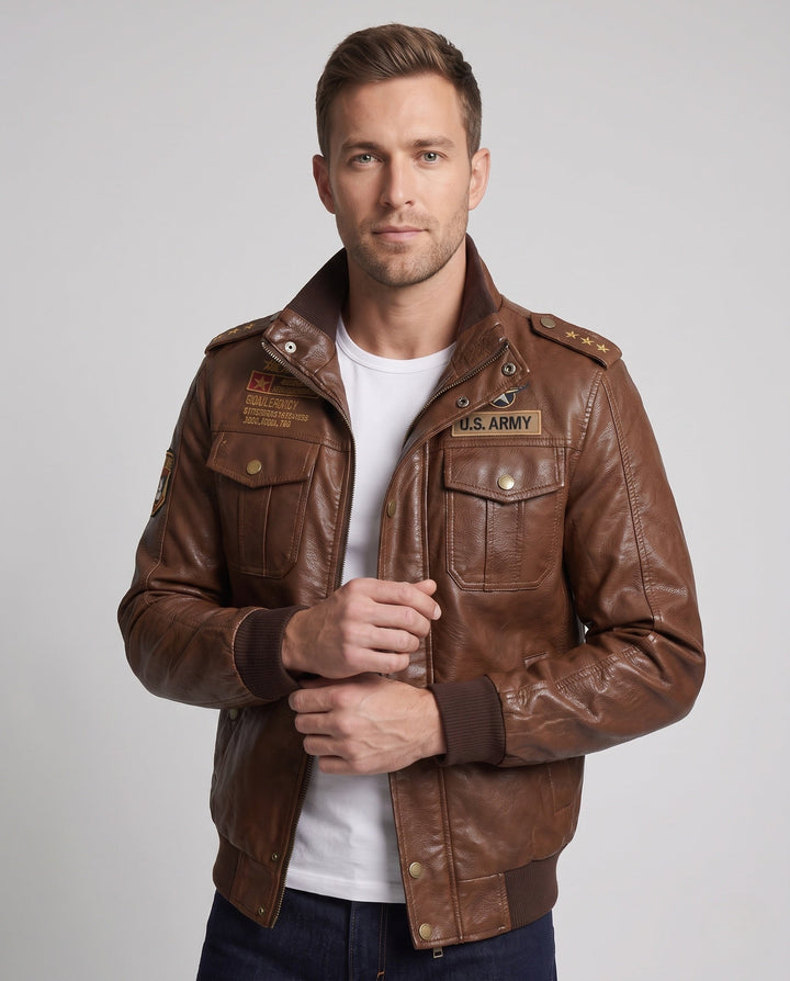 Men's synthetic leather pilot jacket with warming teddy lining and shoulder epaulettes Hudson & Parker