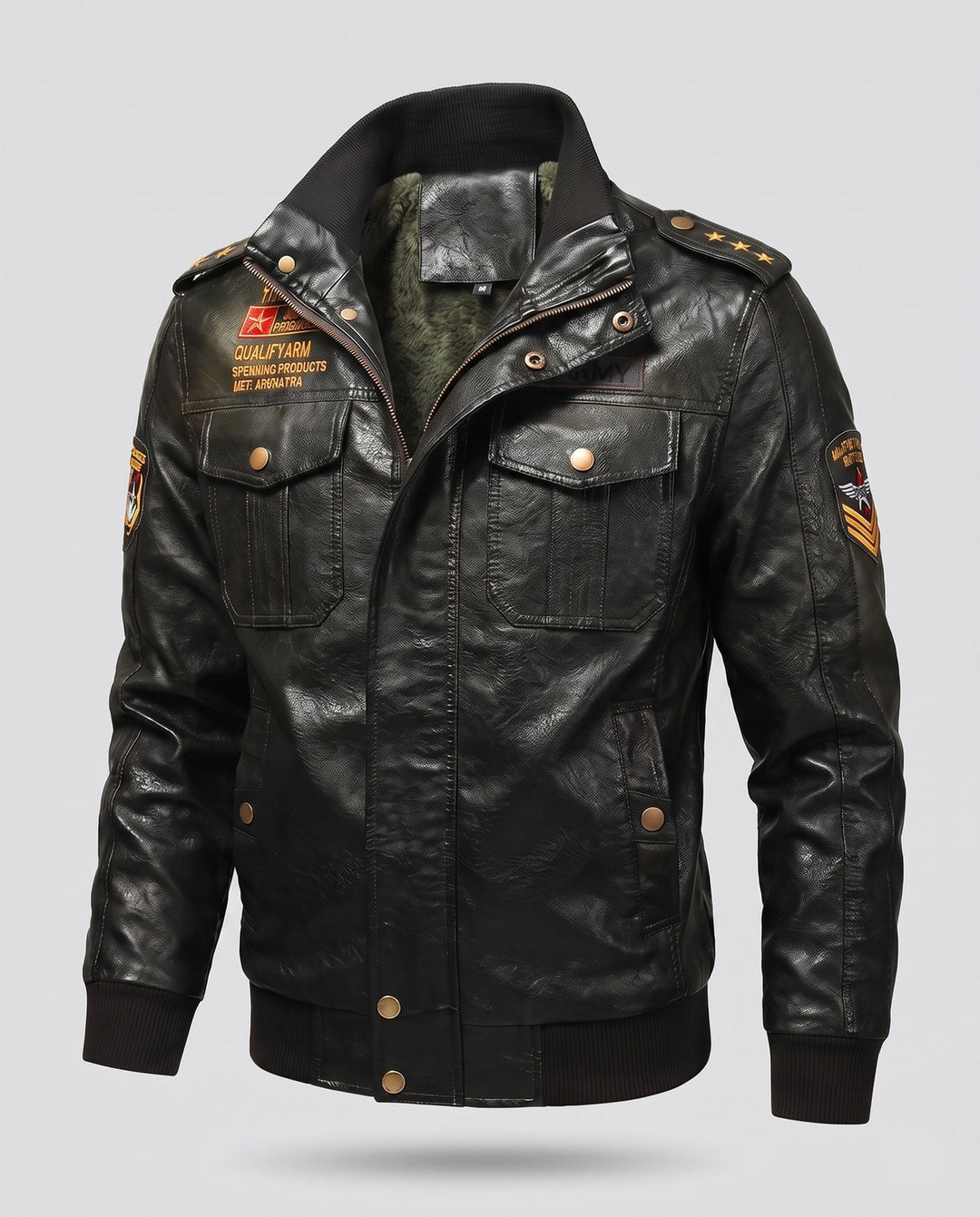 Men's synthetic leather pilot jacket with warming teddy lining and shoulder epaulettes Hudson & Parker