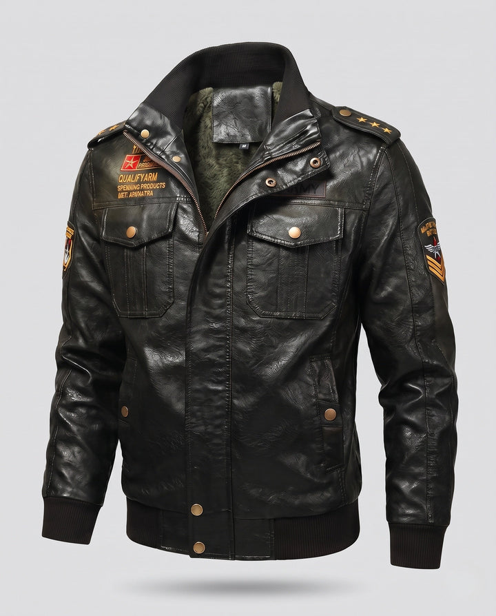 Men's synthetic leather pilot jacket with warming teddy lining and shoulder epaulettes Hudson & Parker