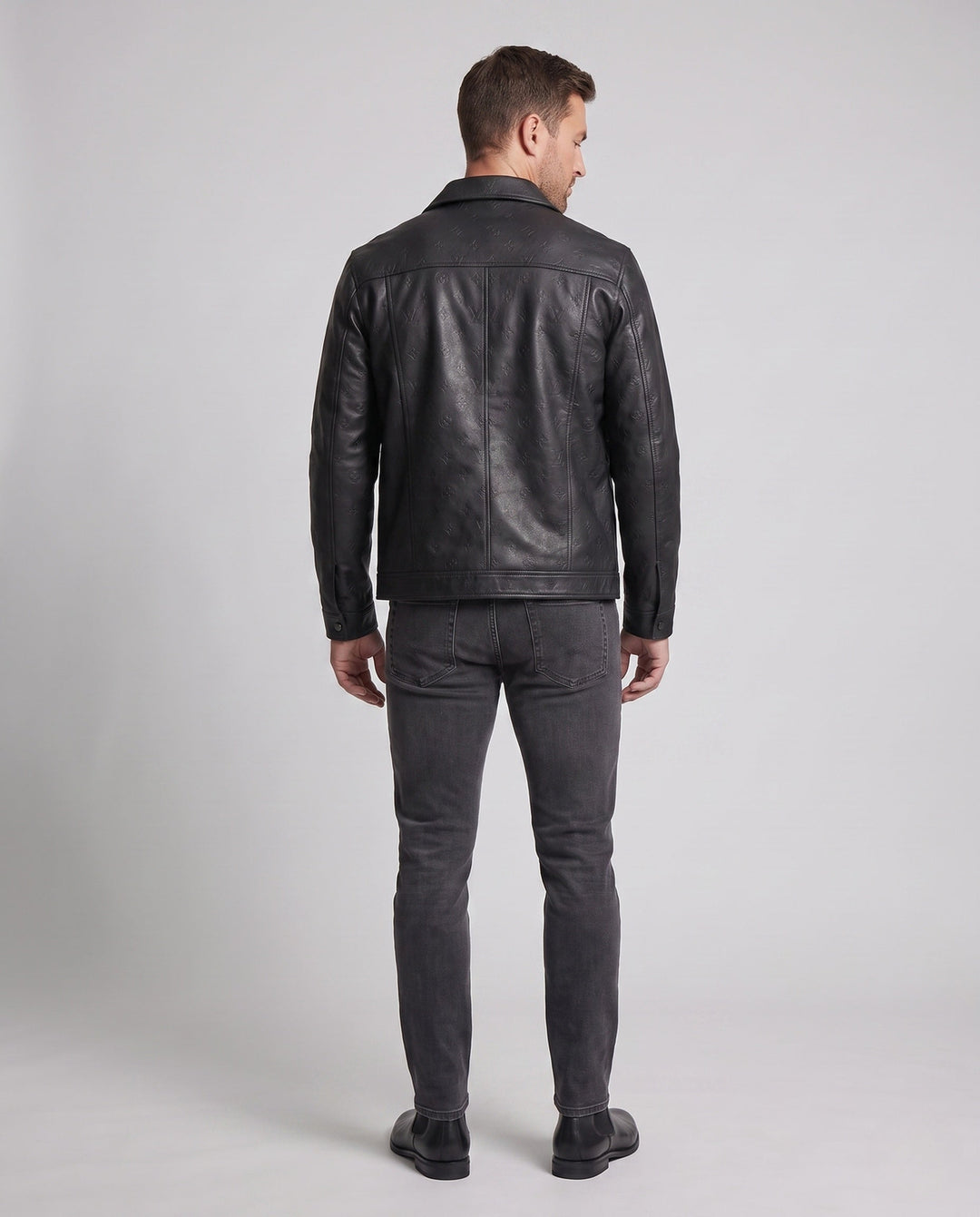 Men's Faux Leather Trucker Jacket with Embossed Monogram, Snap Button Front and Flap Pockets Hudson & Parker