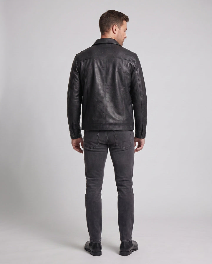 Men's Faux Leather Trucker Jacket with Embossed Monogram, Snap Button Front and Flap Pockets Hudson & Parker