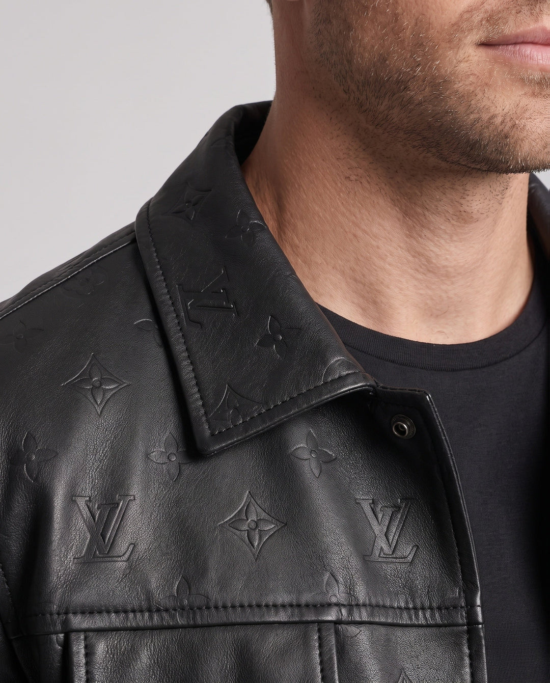Men's Faux Leather Trucker Jacket with Embossed Monogram, Snap Button Front and Flap Pockets Hudson & Parker