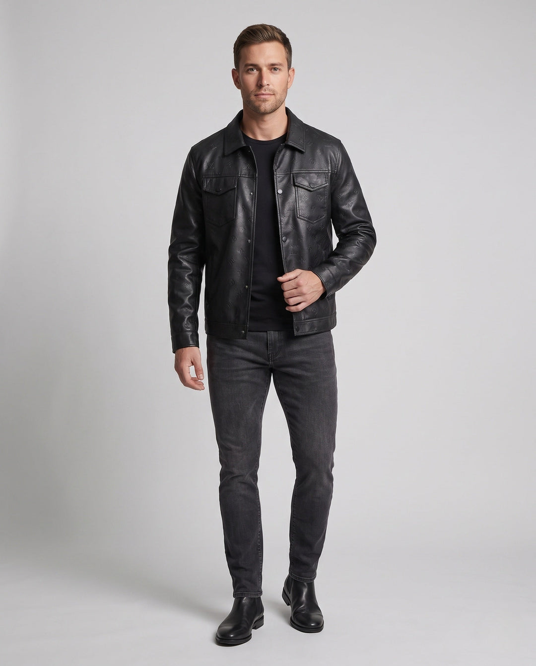 Men's Faux Leather Trucker Jacket with Embossed Monogram, Snap Button Front and Flap Pockets Hudson & Parker