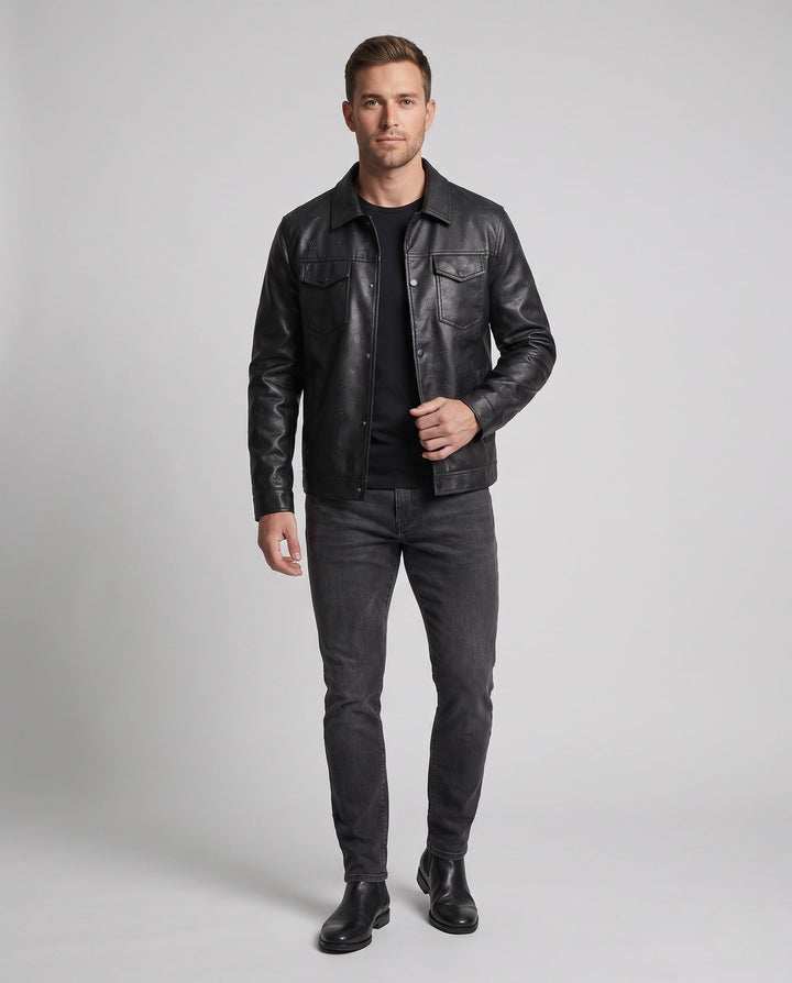 Men's Faux Leather Trucker Jacket with Embossed Monogram, Snap Button Front and Flap Pockets Hudson & Parker