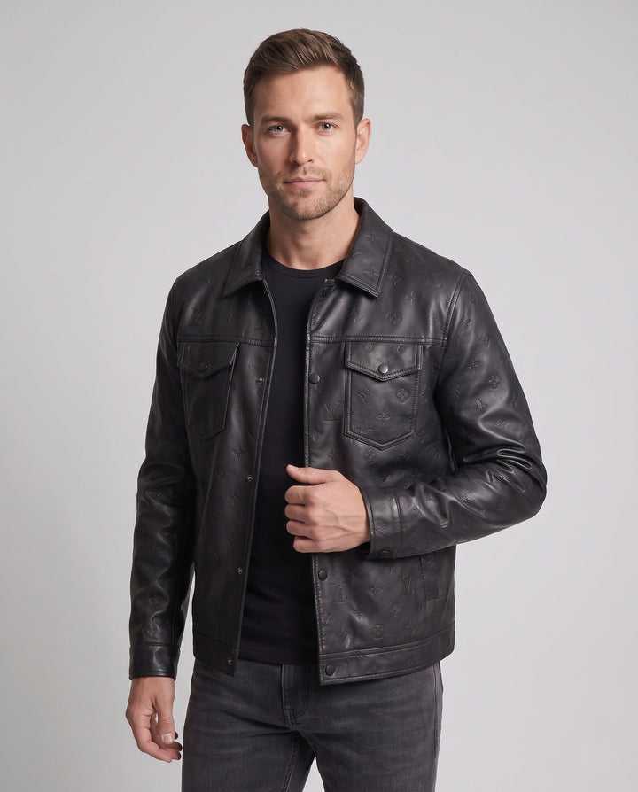 Men's Faux Leather Trucker Jacket with Embossed Monogram, Snap Button Front and Flap Pockets Hudson & Parker