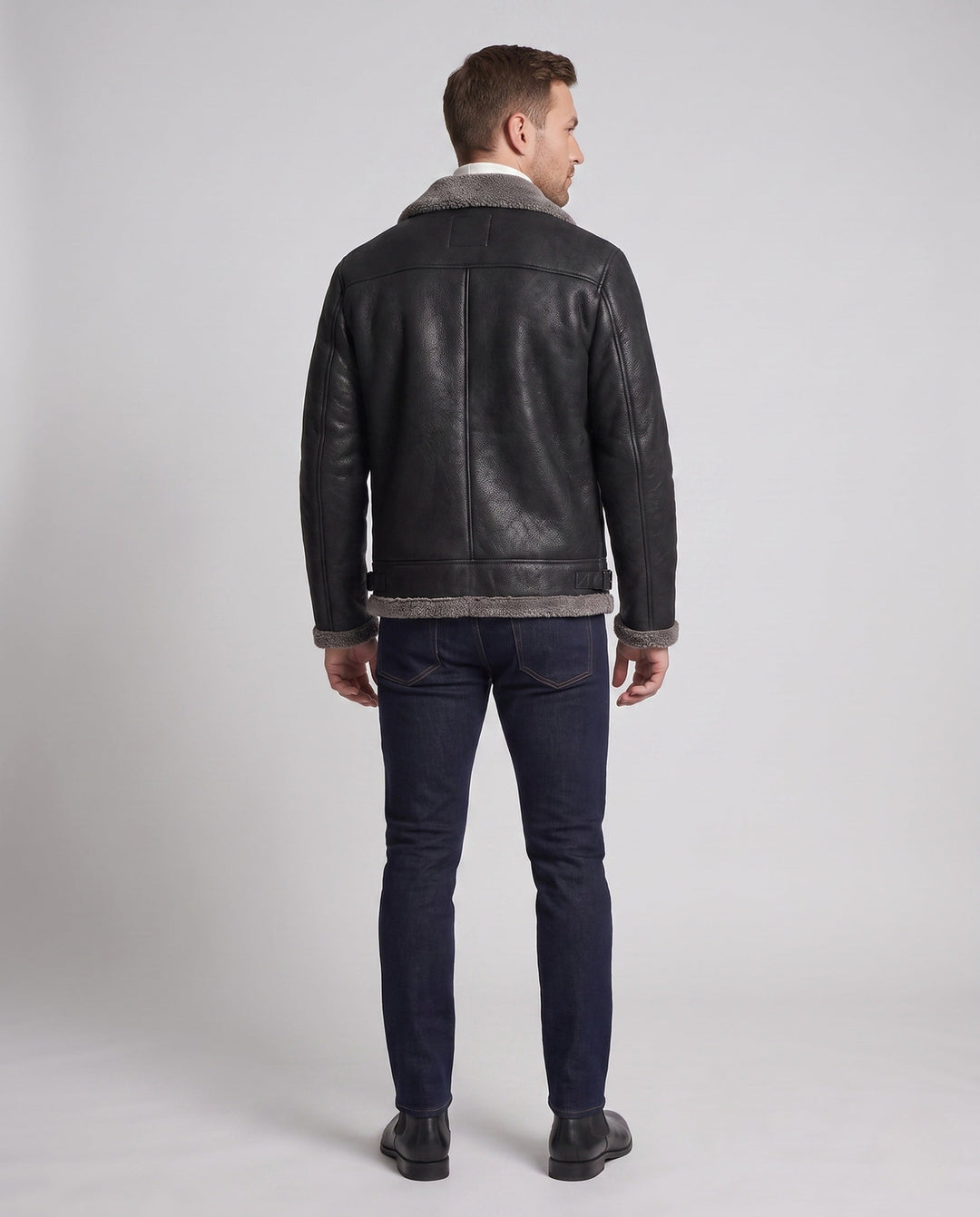 Men's synthetic leather zip jacket with full teddy fleece lining and high stand-up collar Hudson & Parker