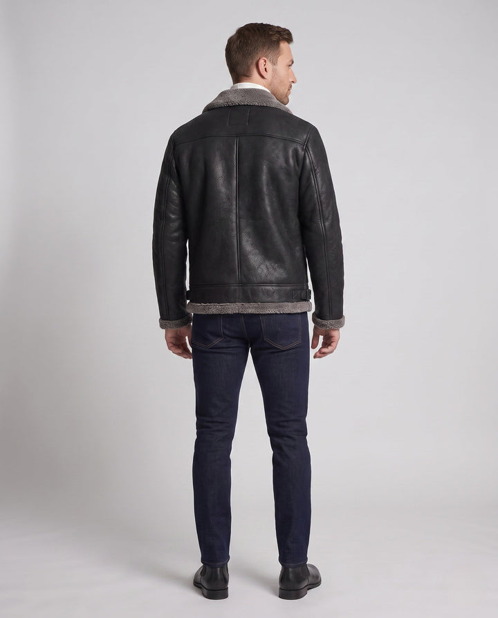Men's synthetic leather zip jacket with full teddy fleece lining and high stand-up collar Hudson & Parker