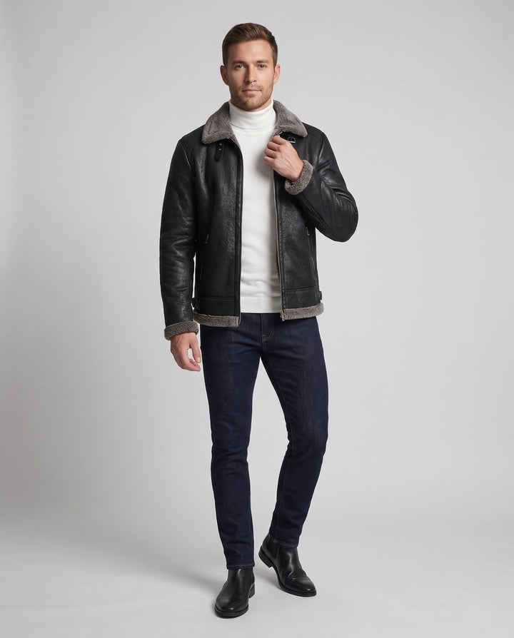Men's synthetic leather zip jacket with full teddy fleece lining and high stand-up collar Hudson & Parker