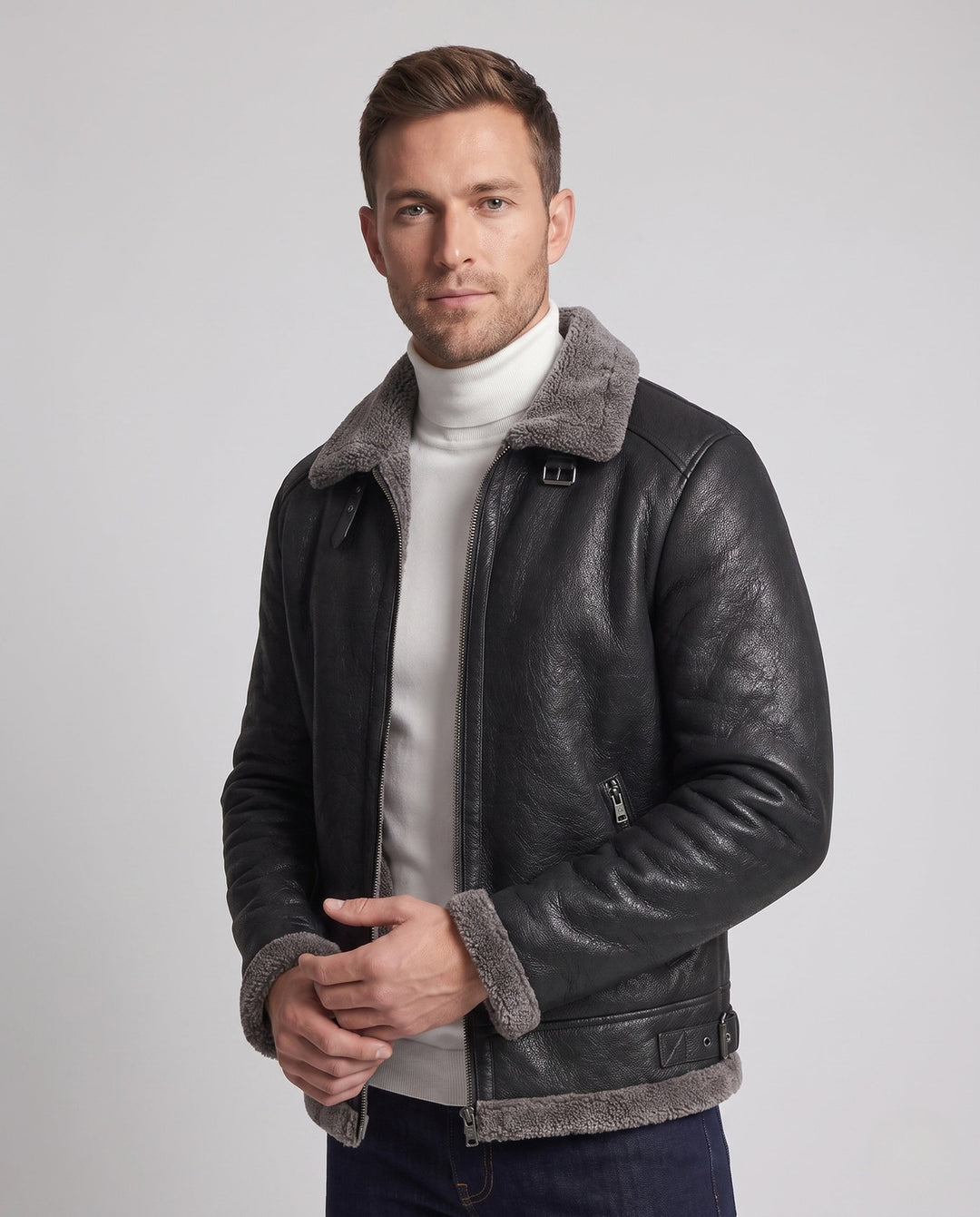 Men's synthetic leather zip jacket with full teddy fleece lining and high stand-up collar Hudson & Parker