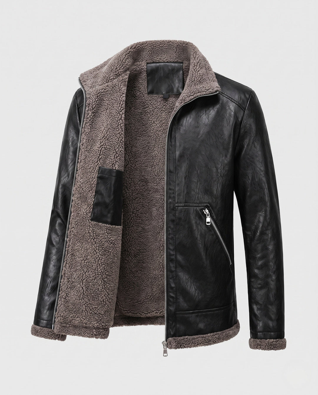 Men's synthetic leather zip jacket with full teddy fleece lining and high stand-up collar Hudson & Parker