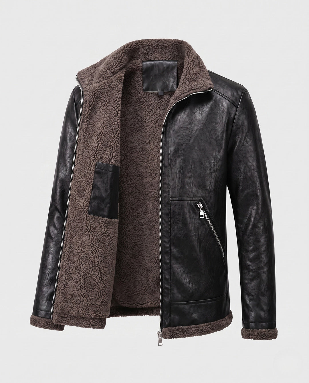 Men's synthetic leather zip jacket with full teddy fleece lining and high stand-up collar Hudson & Parker