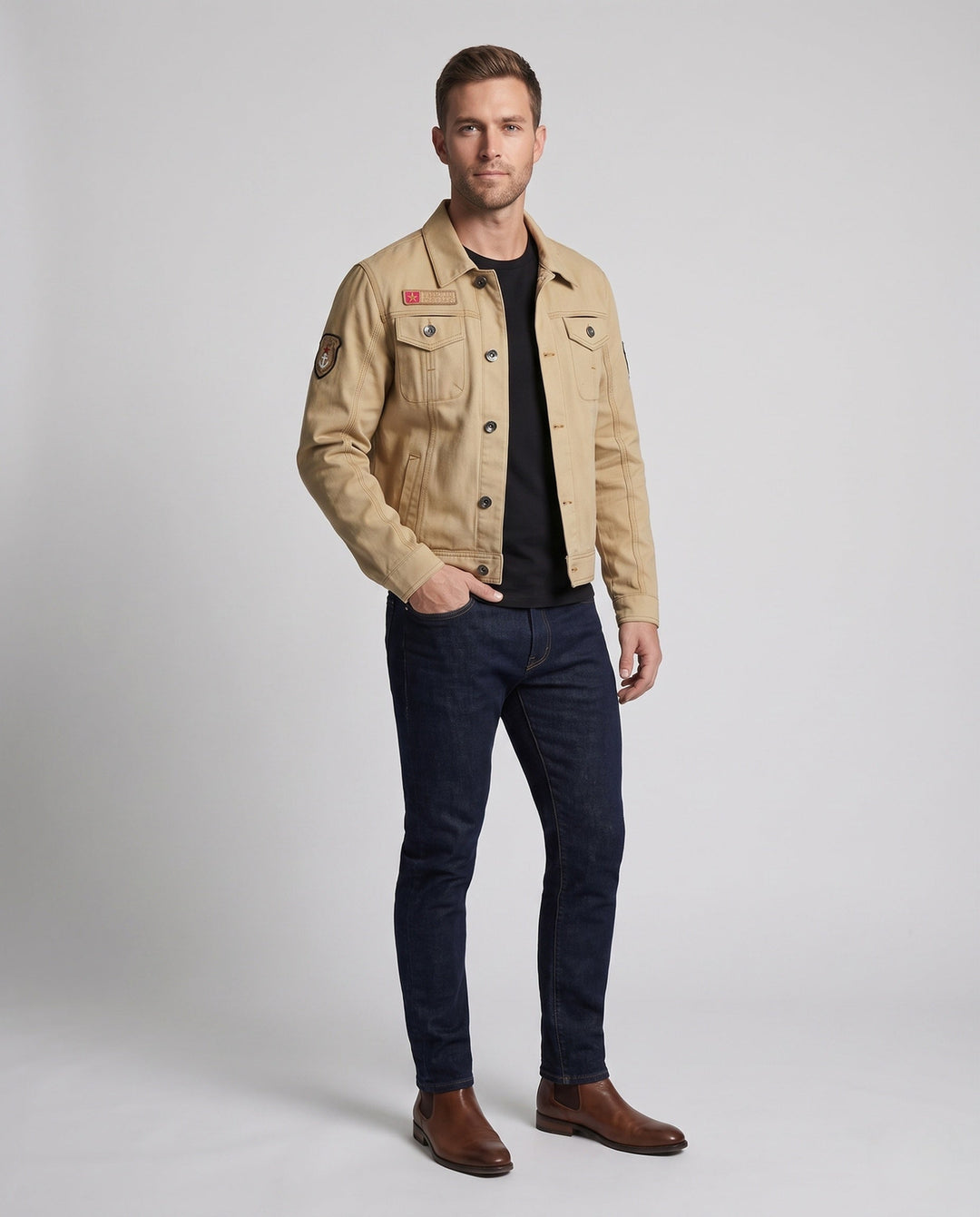 Men's short cut canvas trucker jacket in workwear look with shirt collar, flap pockets and sleeve patch Hudson & Parker