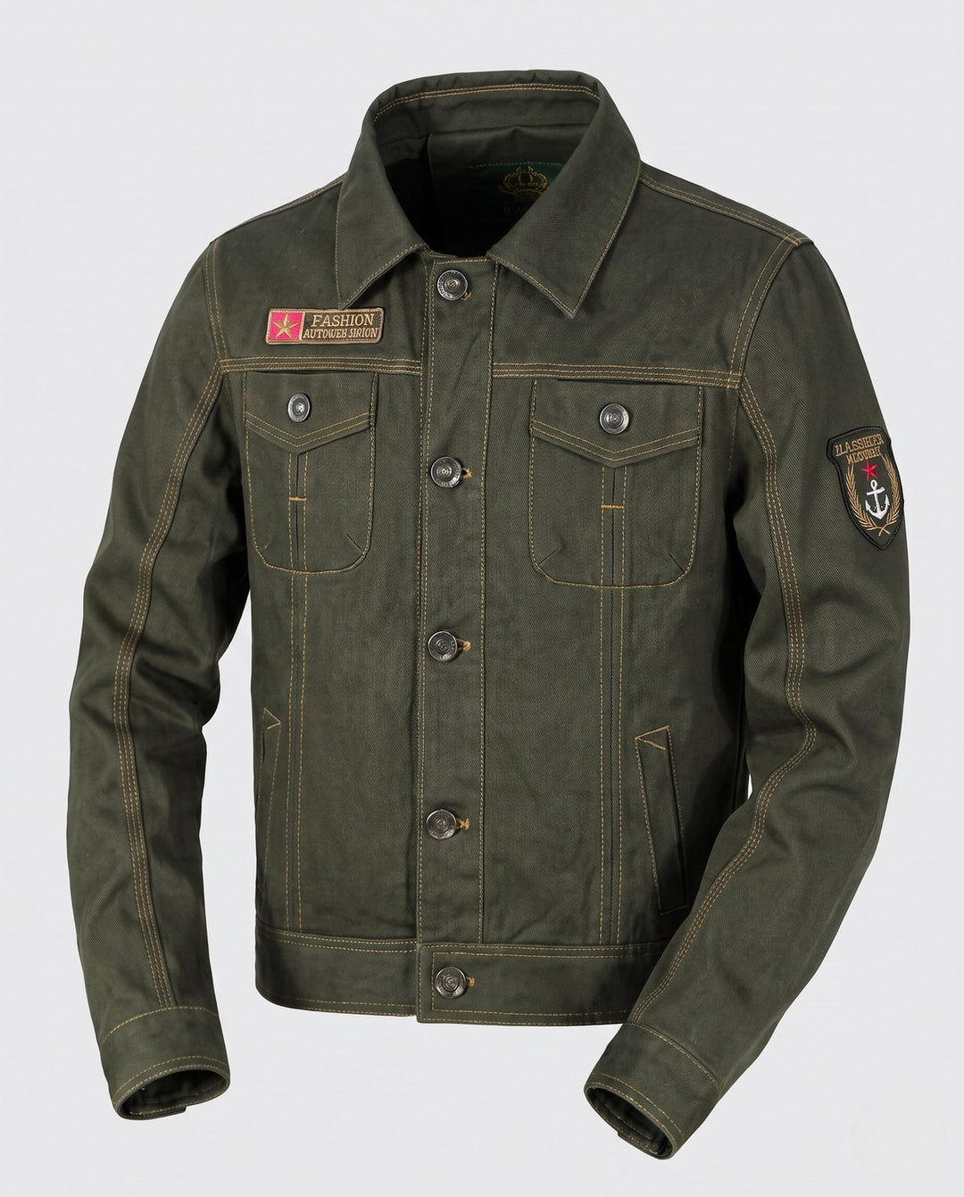 Men's short cut canvas trucker jacket in workwear look with shirt collar, flap pockets and sleeve patch Hudson & Parker
