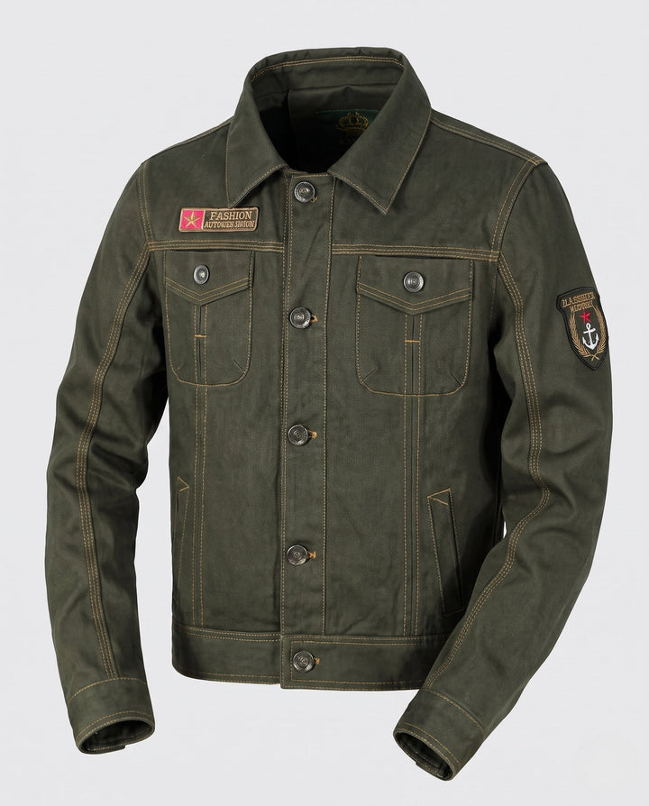 Men's short cut canvas trucker jacket in workwear look with shirt collar, flap pockets and sleeve patch Hudson & Parker