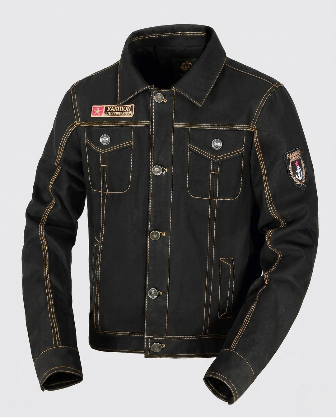 Men's short cut canvas trucker jacket in workwear look with shirt collar, flap pockets and sleeve patch Hudson & Parker