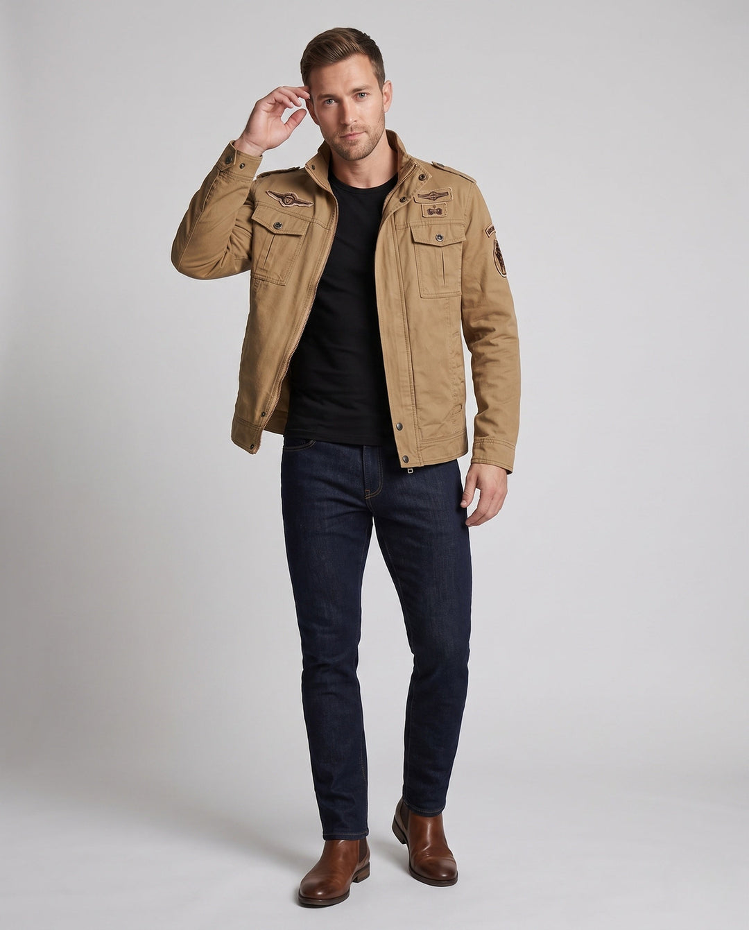 Men's short-cut field canvas jacket in military style with chest flap pockets and stand-up collar Hudson & Parker