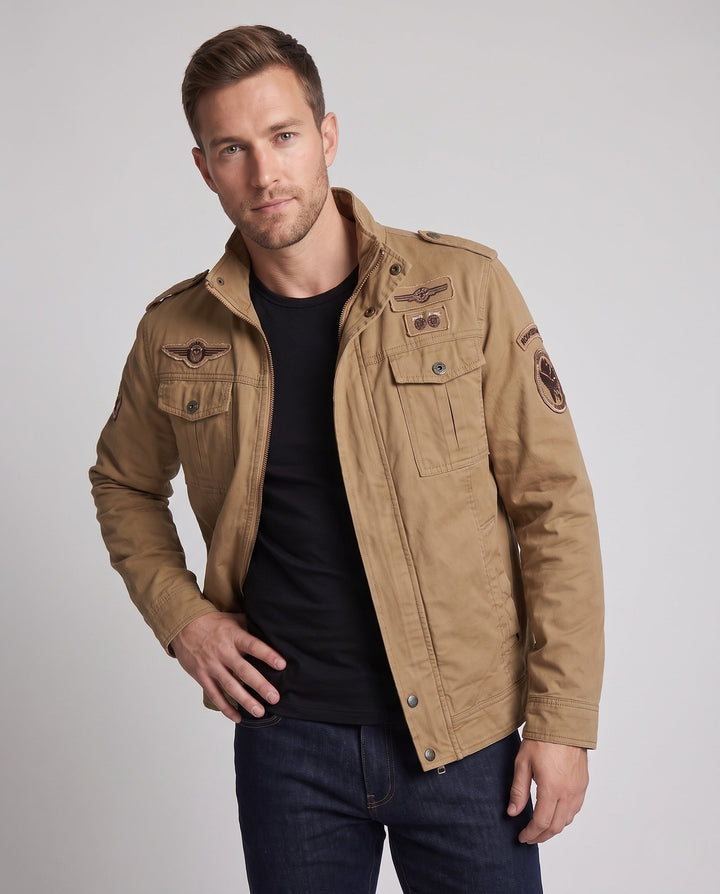 Men's short-cut field canvas jacket in military style with chest flap pockets and stand-up collar Hudson & Parker
