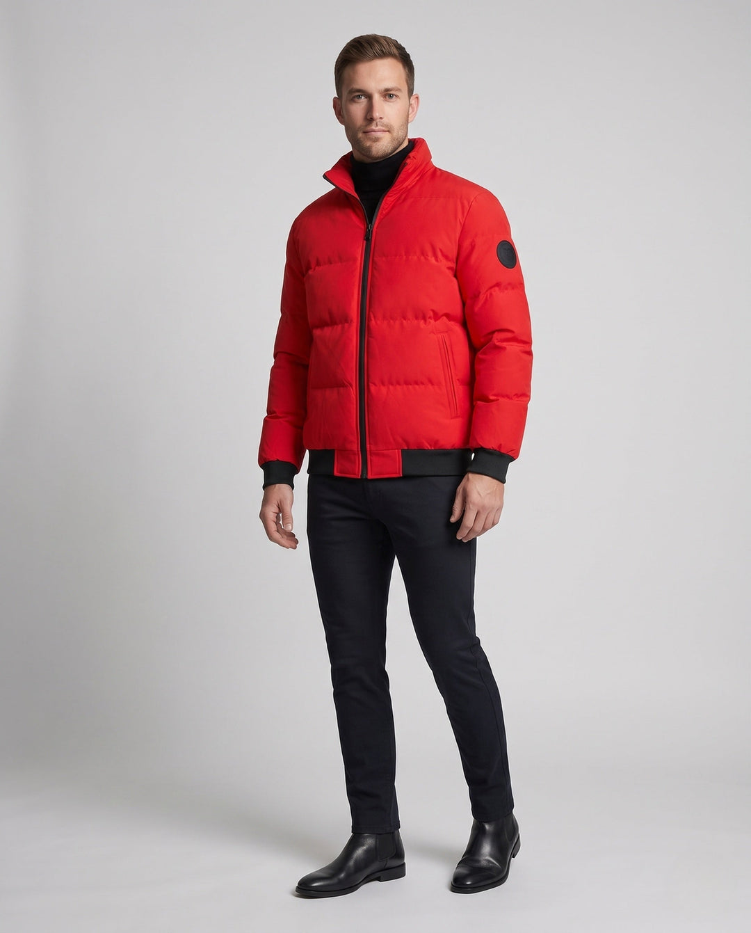 Men's short padded quilted jacket with high stand-up collar, ribbed cuffs and sleeve patch Hudson & Parker