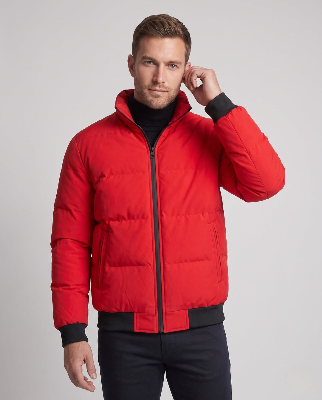 Men's short padded quilted jacket with high stand-up collar, ribbed cuffs and sleeve patch Hudson & Parker