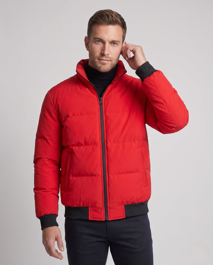 Men's short padded quilted jacket with high stand-up collar, ribbed cuffs and sleeve patch Hudson & Parker
