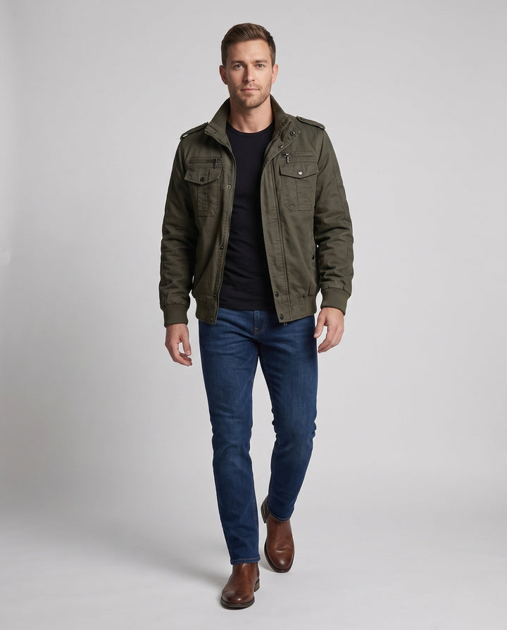 Men's short-cut pilot jacket made of canvas with hidden thermal lining and shoulder epaulets Hudson & Parker