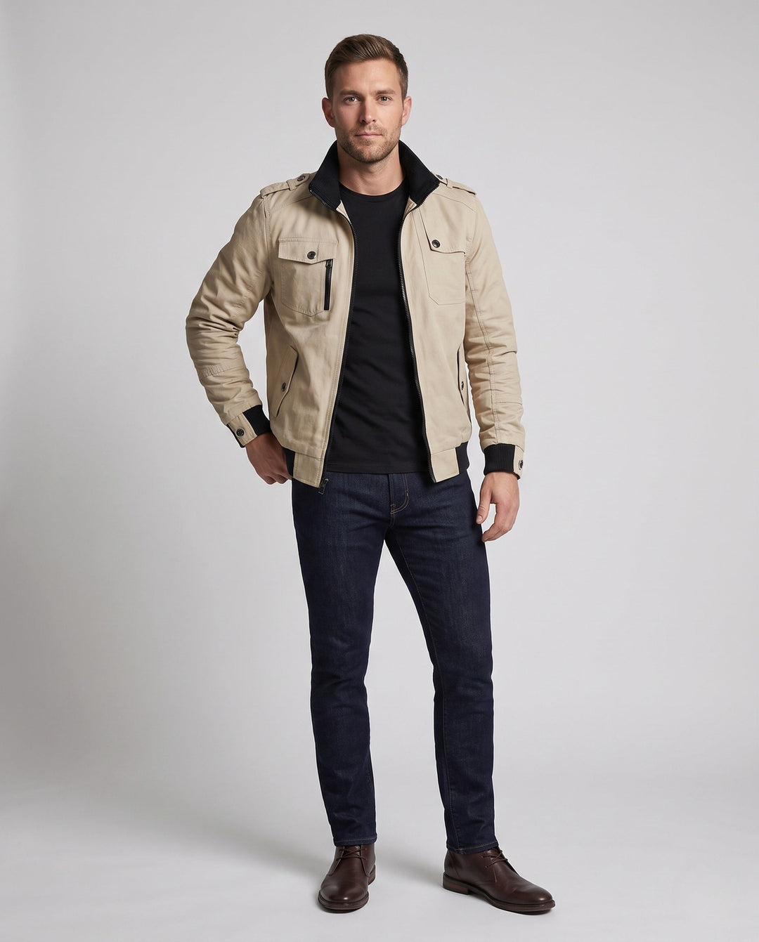 Men's Short Blouson Canvas Field Blouson in Utility Style with High-Rise Stand-Up Collar Hudson & Parker