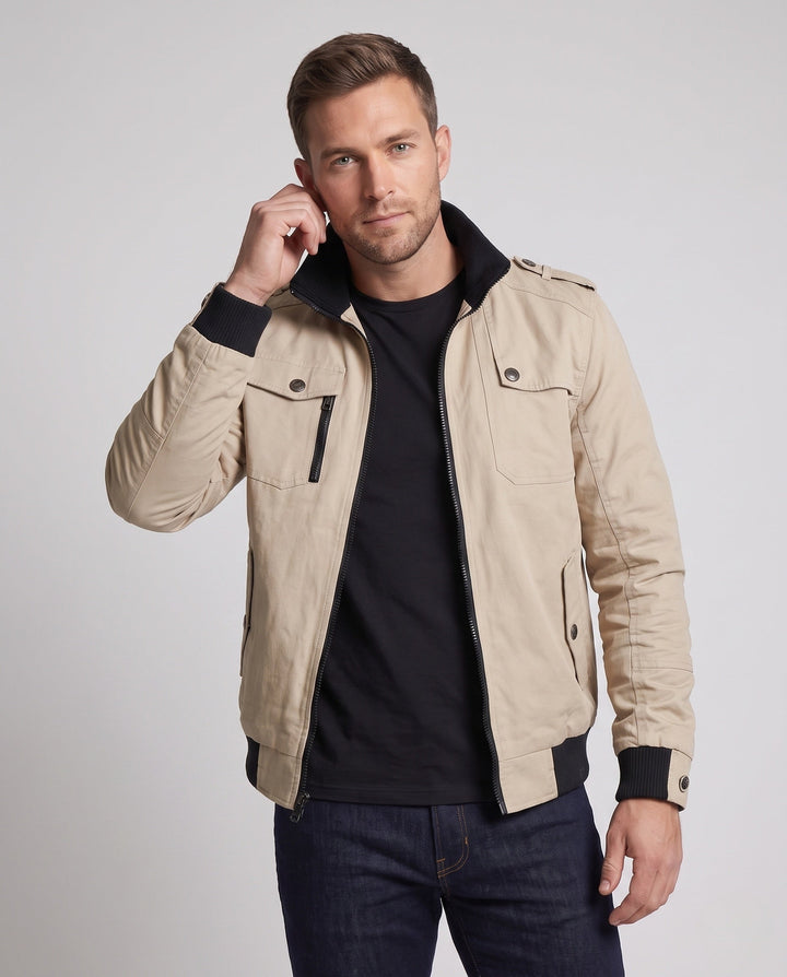 Men's Short Blouson Canvas Field Blouson in Utility Style with High-Rise Stand-Up Collar Hudson & Parker