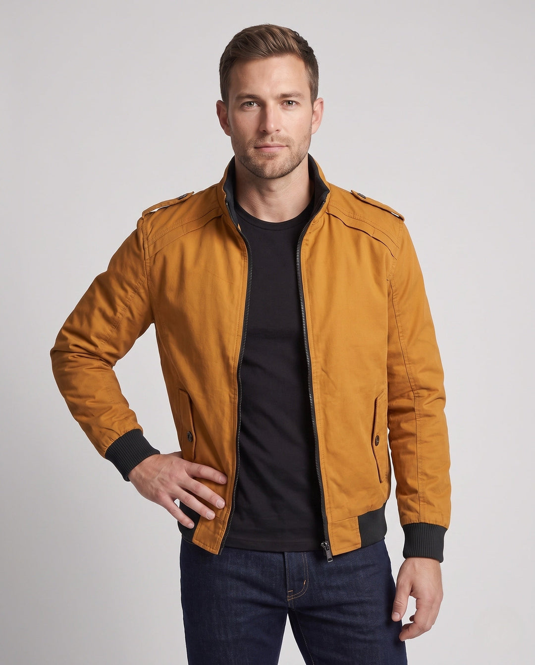 Men's short jacket with teddy lining, zipper, and shoulder flaps Hudson & Parker
