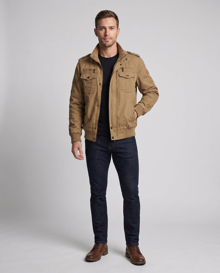 Men's Short-Cut Canvas Blouson with Stand-Up Collar and Multi-Function Pockets Hudson & Parker