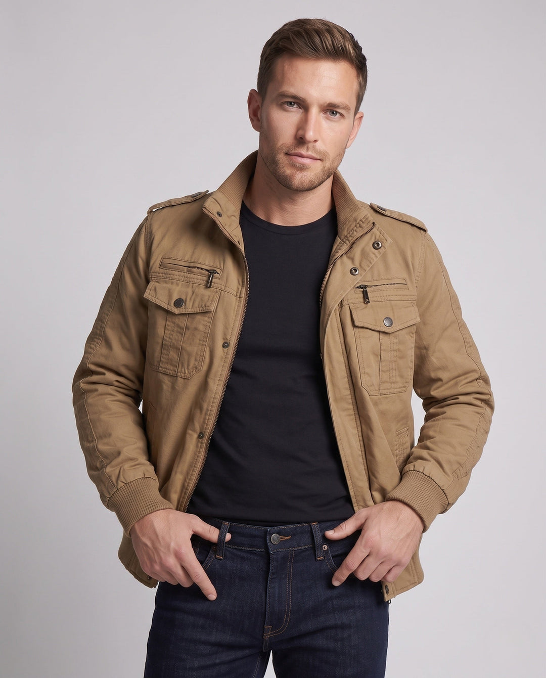 Men's Short-Cut Canvas Blouson with Stand-Up Collar and Multi-Function Pockets Hudson & Parker