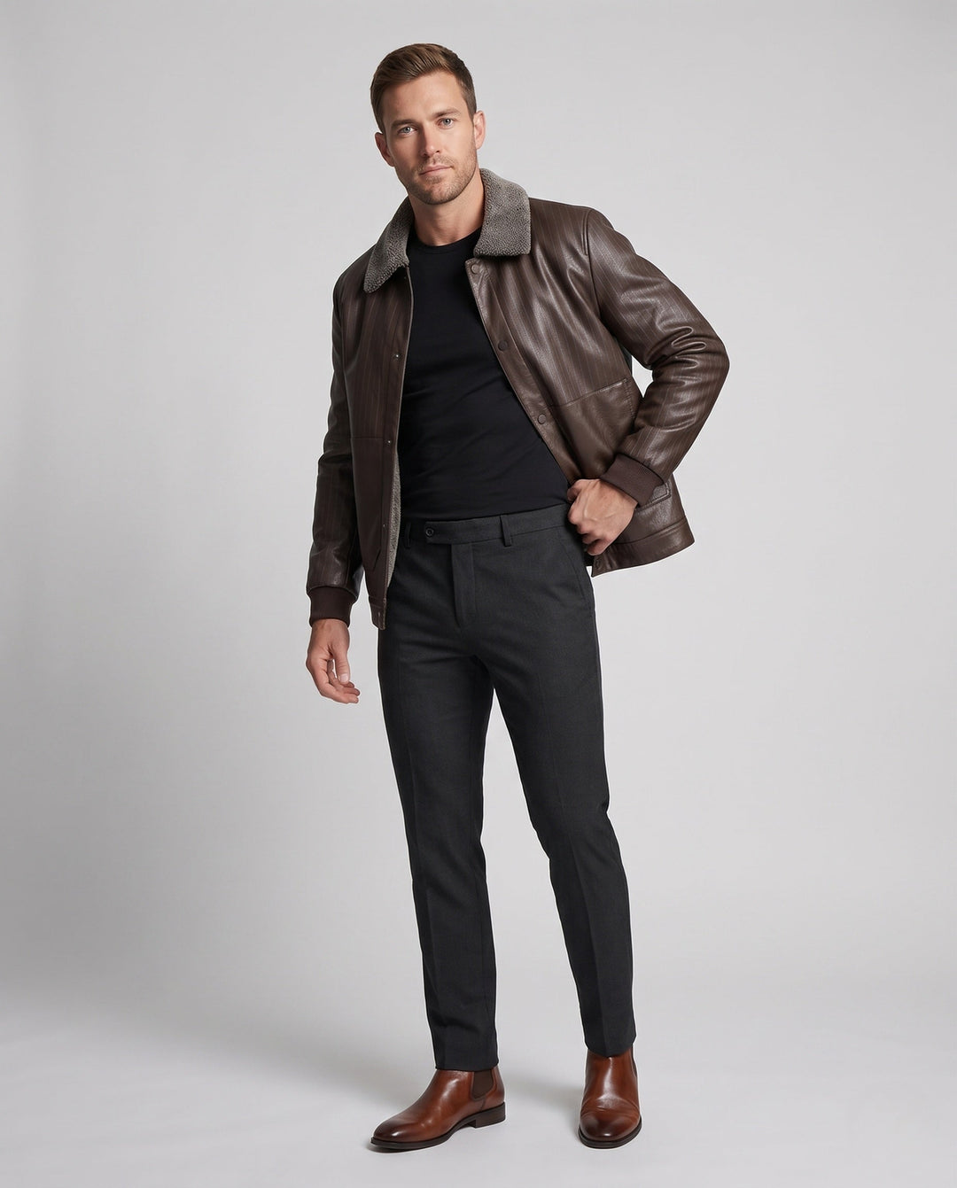 Men's faux leather blouson with pinstripe look and teddy lining Hudson & Parker