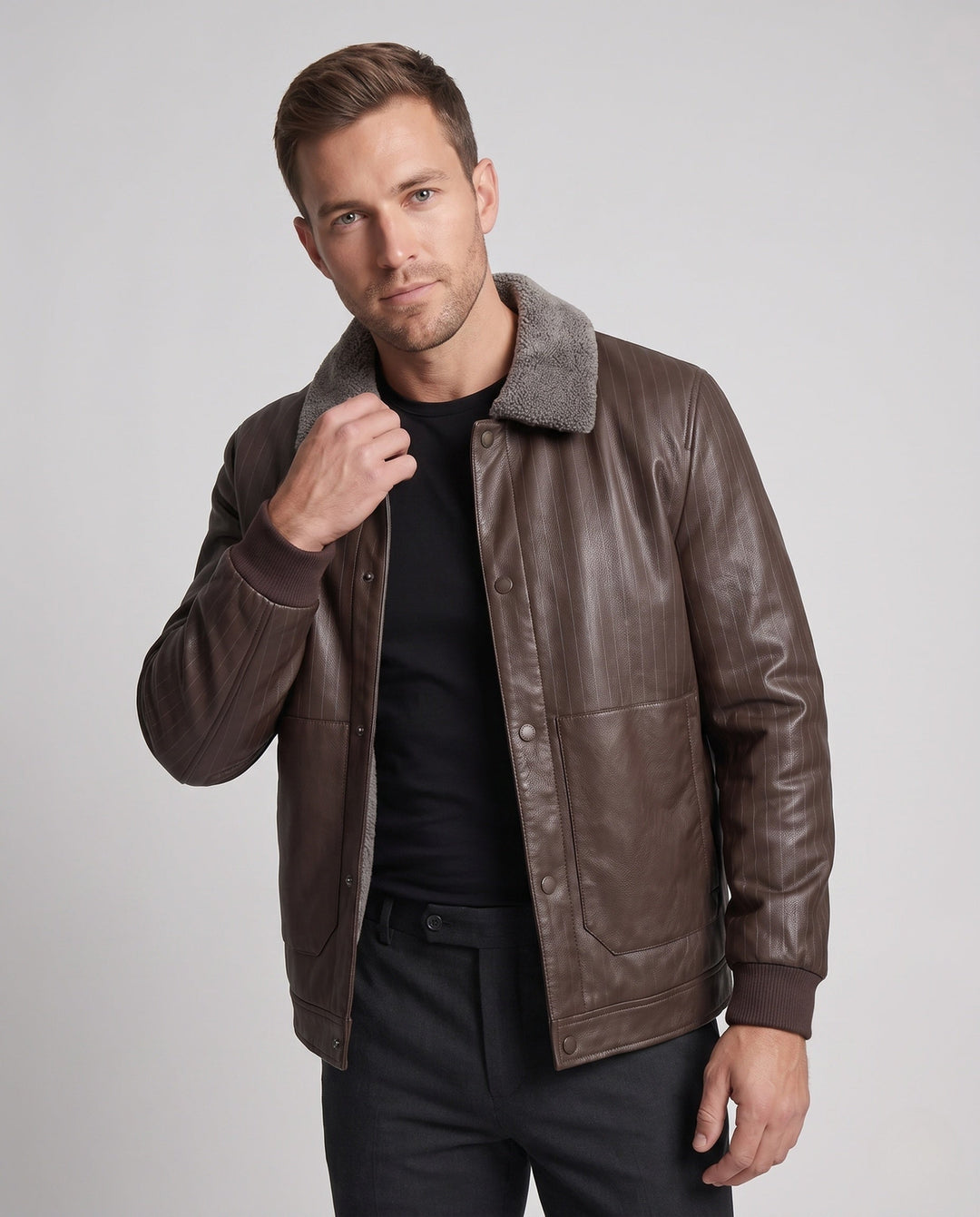 Men's faux leather blouson with pinstripe look and teddy lining Hudson & Parker