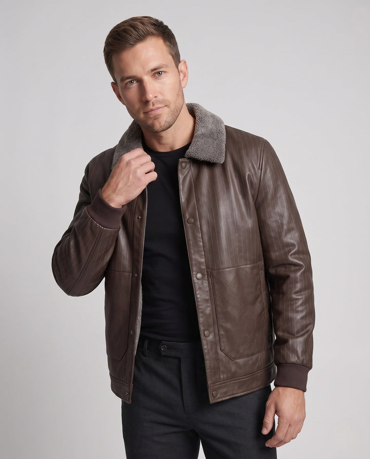 Men's faux leather blouson with pinstripe look and teddy lining Hudson & Parker