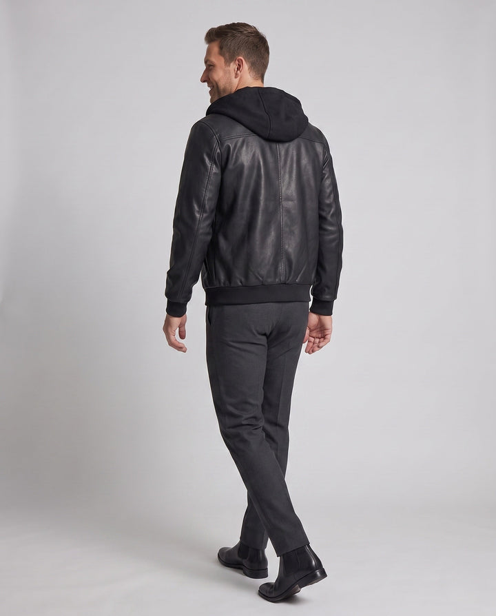Men's faux leather hooded sweatshirt in urban bomber style with zipper and ribbed cuffs Hudson & Parker