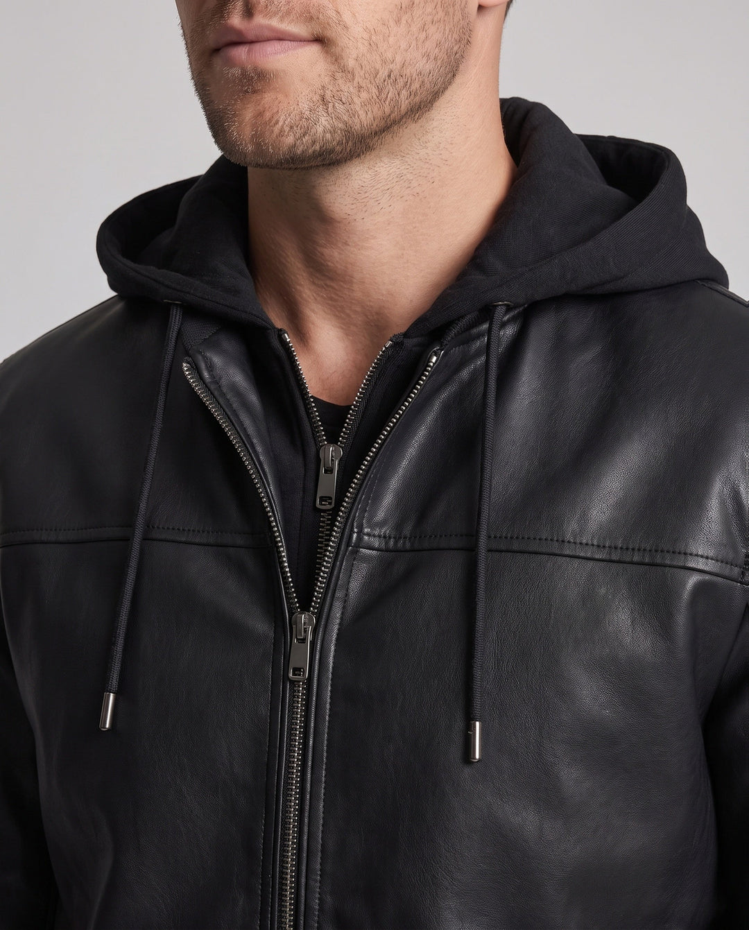 Men's faux leather hooded sweatshirt in urban bomber style with zipper and ribbed cuffs Hudson & Parker