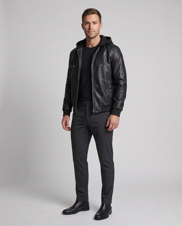 Men's faux leather hooded sweatshirt in urban bomber style with zipper and ribbed cuffs Hudson & Parker