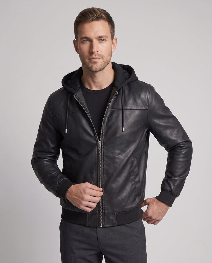 Men's faux leather hooded sweatshirt in urban bomber style with zipper and ribbed cuffs Hudson & Parker