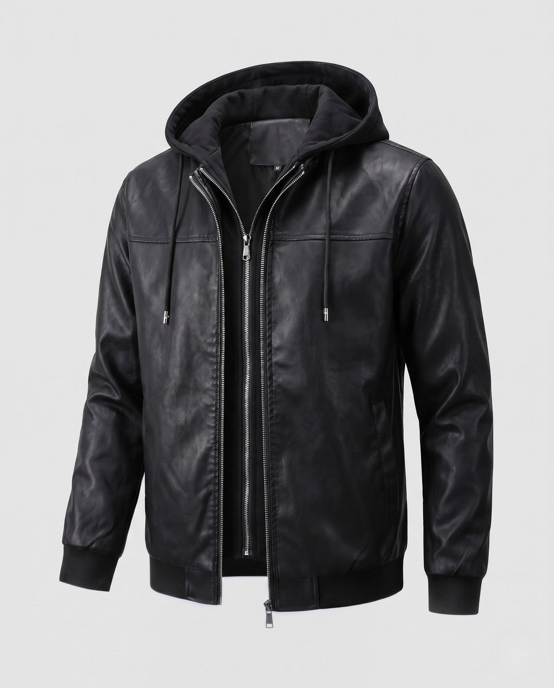 Men's faux leather hooded sweatshirt in urban bomber style with zipper and ribbed cuffs Hudson & Parker