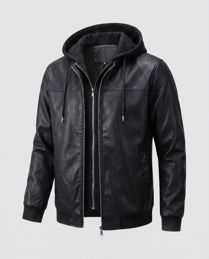 Men's faux leather hooded sweatshirt in urban bomber style with zipper and ribbed cuffs Hudson & Parker